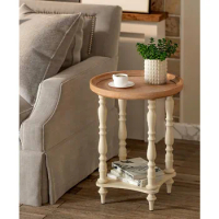 French Country End Table, 19'' Round Farmhouse Side Table, Distressed Wood Tray Top Rustic Accent Table for Living Room Bedroom