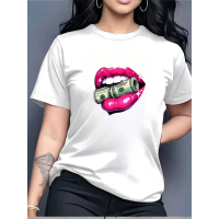 Kaos Cetak Koin Lip Art, Kaos Wanita Kasual Musim Panas 210G, Hadiah Sempurna untuk Liburan, Kegiata