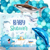 Balloon Garland Kit for Baby Shower, Under the Sea, Ocean Animals Backdrop, Green and Blue, Dolphin and Shark, Decorations for B