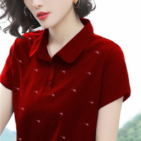 時尚印花翻領t恤女POLO衫中年媽媽裝寬松夏季百搭繡花短袖女