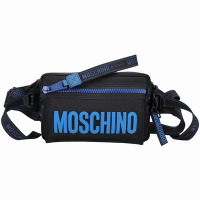 MOSCHINO 矽膠字母尼龍拚牛皮胸肩背/腰包(黑x藍)