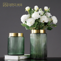 現代簡約北歐透明玻璃花瓶擺件家居創意客廳美式銅環插花花器裝飾