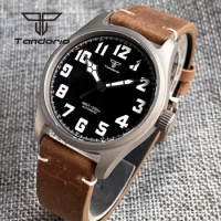 Tandorio Titanium Case Sapphire Glass Light Weight 39mm Pilot 200m Automatic Dive Watch for Men Screw Crown Leather Luminous