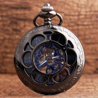 Flip Opening Clock Mechanical Pocket Watch Bronze Roman Numerals Vintage Hollow Steampunk Fob Watch With Fob Chain Women Gift