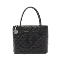 【二手名牌BRAND OFF】CHANEL 香奈兒 黑色 牛皮 菱格紋 荔枝紋 Medallion 托特包 A01804