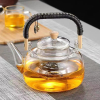 【好拾物】耐熱玻璃 花茶壺 茶壺 把手水壺 玻璃水壺 編織款(1000ML)
