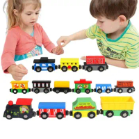 Train Toy Wooden Magnetic Train Set With 13 Carriages Splicing Educational Puzzle Toy Track Accessories For Nursery Kindergarten