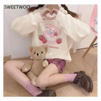 Kawaii Hoodies Women Winter Fashion Cute Anime Hoodies Plus Velve Oversized Casual Long Sleeve Tops Print Sweatshirt