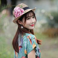 夏季新款草編帽子刺繡花女士防曬遮陽帽子女民族風復古中國風女帽