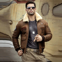 2019 Mens Brown Shearling Jacket Leather Jacket Fur Coat B6 Airforce Flight Jacket Mens Winter Coats