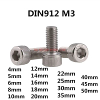 100pcs DIN912 M3 304 Stainless Steel Hex Socket Head Cap Screw Bolts M3*(4/5/6/8/10/12/14/16/18/20/22/25/30/35/40)
