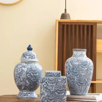 Hand-painted blue and white porcelain leaf vase, Chinese style ceramic vase, villa living room, TV, ceramic vase decoration