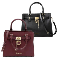 【Michael Kors】MK鎖扣荔枝紋路手提&肩背二用包中號 黑色 酒紅色 黑色馬鞍包(贈原廠防塵袋紙袋)
