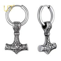 U7 Unisex Viking Earrings Stainless Steel Norse Mythology Thor Hammer Amulet Ear Drops Hoop Earring for Male Punk Jewelry Gift
