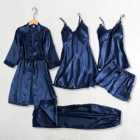 Women 5-piece Pajama Set Elegant Satin Lace Pajama Set with Lace-up Waist Patchwork Detail 5 Piece Women's Sleepwear for Comfort