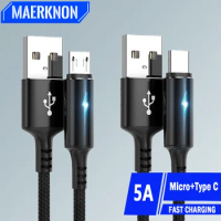 LED Light 5A USB C Cable Fast Charging Micro Type C Mobile Phone Data Cable For Xiaomi 12 13 Huawei Samsung Oneplus USB Cable