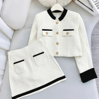 Bộ Dạ Tweed 2 Lớp Áo Khoác Dài Tay Cổ Tàu Dáng Croptop Mix Chân Váy Dáng A Hàng Thiết Kế thời trang 