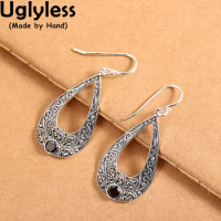 Uglyless Vintage Thai Silver Grass Orchid Earrings for Women 925 Silver Water Drop Hollow Earrings Fashion Dress Brincos E1657
