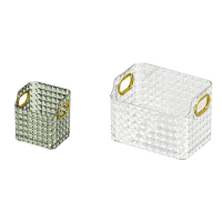 【iSFun】鑽石紋格＊桌面透明鍍金把手收納盒(大號)