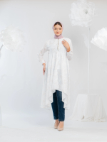 Aisyah 01- Long Tunik Putih Motif Baju Lebaran 2023 Langitjua Collection Solo Bahan Sifon Halus & Le