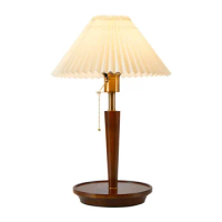 Pleated Lamp Retro Table Lamp Pleated Bedroom Bedside Lamp Solid Wood Pilot Lamp