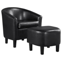 Accent Chair with Ottoman, Black Faux Leather, Living Room Guest Sofa Chair