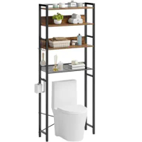 Wooden Bathroom Space Saver Shelf with 4-Tier Storage and Hooks Over The Toilet Organizer