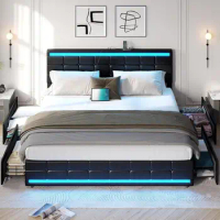 Black King Size Platform Bed Frame with LED Lights &amp; Storage Drawers for indoor bedroom furniture