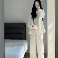 Women's Floral Print Pajama Set Long Sleeve Spring Autumn Ladies Korea Style 2 Pcs Sleepwear with Pant Pijama Suit for Female