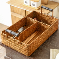 家好點美式復古草編桌面分格收納盤收納籃首飾收納盒木把手編織盒