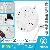 【aibo】aibo 3孔5座 PD快充 USB延長線-1.8米(1切5座+PD+2USB)