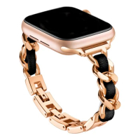 Slim Bands Compatible with Apple Watch Band Women Metal Leather Bracelet Thin Stainless Steel Wristband Chain Strap for iWatch