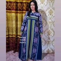 gamis abaya tenun Jepara motif bunga biru Dongker lengan panjang