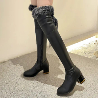 Elegant Over the Knee High Boots Women Winter Shoes Warm Fur Plush Black White Long Snow Boot Female Large Size 45 48