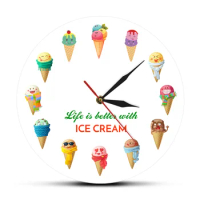 Life is better with ICE CREAM Cartoon Ice Cream Printed Dessert Wall Clock Kid Room Nursery Wall Art Kitchen Clock Wall Watch