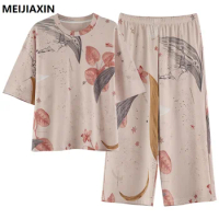 M-XXL For Female Sleepwear Summer Modal Women's Pajama Sets Short Sleeve Round Neck Floral Pyjamas
