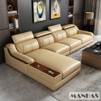 Stylish Italian Genuine Leather Sofa for Living Room with Cup Holder, USB, Adjustable Headrests &amp; Bluetooth Speaker - MANBAS