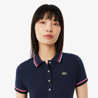 【LACOSTE】女裝-L.12.D 修身條紋配色短袖Polo衫(海軍藍/淺藍/紅配色)