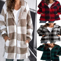 Autumn Winter Plaid Faux Fur Coat Women Teddy Coat Hooded Jackets Female Furry Teddy Bear Plush Jacket Women
