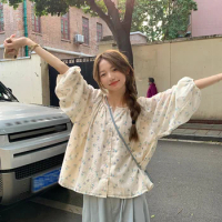 Korean Floral Long Sleeve Shirt Women's Summer Small Fresh Loose Thin Round Neck Sweet Girl Feel Versatile Lace T-shirt