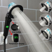 Temperature Digital Display High Pressure Showerhead Large Flow 3 Modes Rainfall Massage Spa Pressurized Bathroom Shower Head