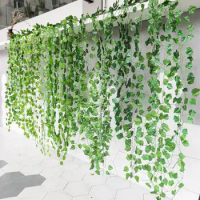 2 Meters Green Leaf Greenhouse Wall Hanging Roof Home Flowers Plant Simulated Leaf Simulated Rattan Decoration Garden Green K6F9