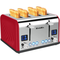 Toaster 4 Slice, KitchMix Bagel Stainless Toaster with LCD Timer, Extra Wide Slots, Dual Screen, Removal Crumb Tray (Red)