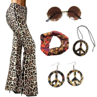 90s Womens Hippie Costume Fashion Wide Leg Flared Pants Halloween Cosplay Printed Trousers Five Piece Disco Clothing Accessories
