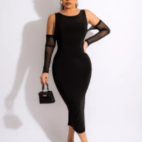 VAZN 2022 New Arrival See Through Long Pencil Dress Solid Young Sexy Club Off Shoulder Full Sleeve High Waist Women For Robe