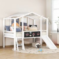 Twin Size Loft Bed with Ladder and Slide, House Bed with Blackboard and Light Strip on the Roof,Comfortable Use for Kids Bedroom
