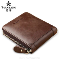 Men Short Purse Card Holder Wallet First Layer Cowhide Zipper Retro Wallet Horizontal Genuine Leather Purse Bifold