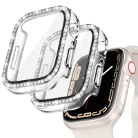 Tempered Glass+Diamond Cover For Apple Watch Case 40mm 44mm 41mm 45mm Bling Screen Protector Bumper iWatch series 9 5 6 7 8 SE 4