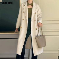 Double-sided 100% Wool Long Blazer Coat for Women 2024 New Simple Casual Office Lady Double-sided Woolen Jacket Autumn Winter