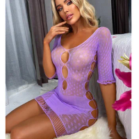 2023 New Arrival Young Sexy Club Lace Solid Hollow Out See Through Backless Full Sleeve High Waist Women Pencil Short Dress
